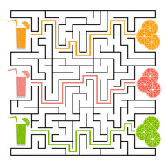 A square labyrinth. Find the way from juice to fruit. Simple flat isolated vector illustration. With the answer.