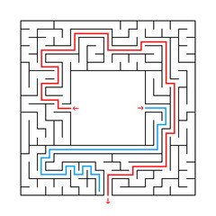 A square maze. Find the right path from the center of the labyrinth. Simple flat vector illustration. With a place for your image. With the answer.