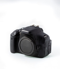 Digital SLR body without lens, black body, slightly used and dirty on white background