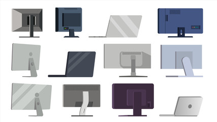 Monitor Set Vector. Different Types Modern Monitors, laptop. Office, Home, Computer Monitors Screen, Digital Display. HD Gadget. Ultra HD Electronic PC. Isolated Flat Cartoon Illustration