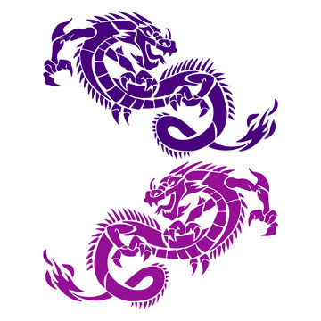 Two dragons blue and violet, silhouette on white background,
