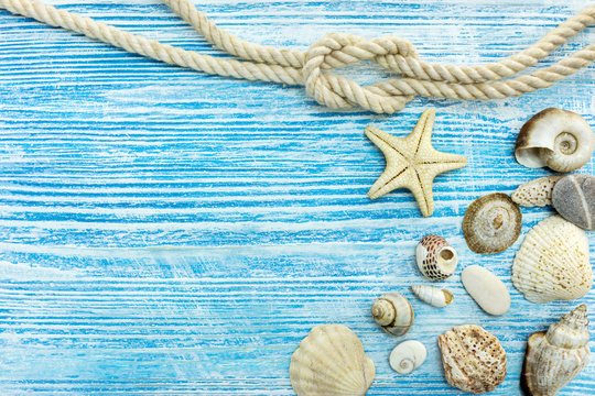 sea shells, stones, star fish and rope on blue wooden background. marine life decoration concept. 