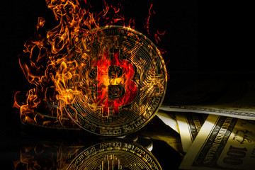 Bitcoin bit coin btc cryptocurrency money burning in flames and fire sparkles