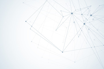 Abstract polygonal background with connected lines and dots. Minimalistic geometric pattern. Molecule structure and communication. Graphic plexus background. Science, medicine, technology concept.