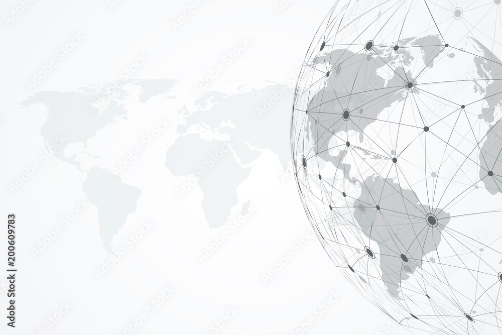 Poster Global network connections with dynamic points and lines. Internet connection background with world map. Abstract connection structure. Polygonal space background. Vector illustration.
