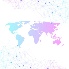 Global network connections with dotted world map. Internet connection background. Abstract connection structure. Polygonal space background. Vector illustration.