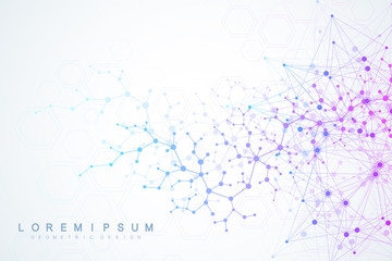 Obraz premium Scientific molecule background for medicine, science, technology, chemistry. Wallpaper or banner with a DNA molecules. Vector geometric dynamic illustration.