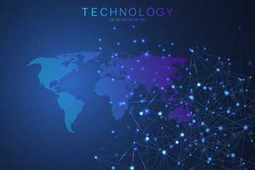 Global network connections with world map. Internet connection background. Abstract connection structure. Polygonal space background. Vector illustration.