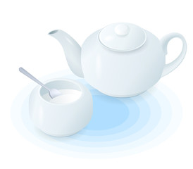 Flat isometric illustration of ceramic teapot and sugar bowl. The hot black or herbal tea in the porcelain tea pot, sugar basin with spoon. Vector food, breakfast, drink elements isolated on white.