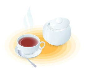 Flat isometric illustration of cup of tea and sugar bowl. The hot black or herbal tea in the porcelain teacup, ceramic sugar basin, tea spoon. Vector food, breakfast, drink elements isolated on white.