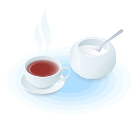 Flat isometric illustration of cup of tea and sugar basin. The hot black or herbal tea in the ceramic teacup, porcelain sugar bowl, tea spoon. Vector food, breakfast, drink elements isolated on white.