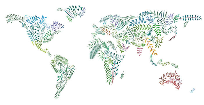 2d hand drawn illustration of world map. Earth continents from watercolor leaves and branches. Colorful continents isolated on white background. Ecology and enviroment concept image.