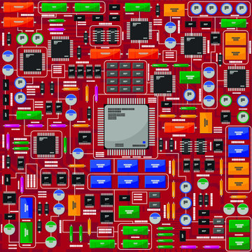 Pattern of the electrical board, with electronic components. All electronic components are located in separate groups and easily manipulated.