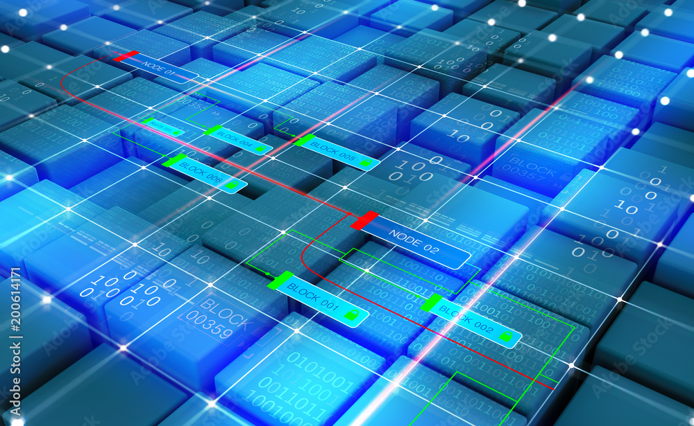 Poster Abstract concept Blockchain network. Fintech technology. Global protection and data transmission. 3D illustration on a technological background with binary code elements