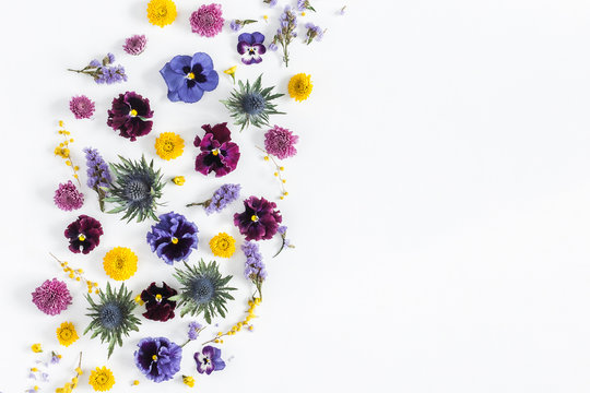 Flowers composition. Frame made of colorful flowers on white background. Flat lay, top view, copy space