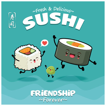 Vintage Japanese food poster design with vector Futomaki sushi & wasabi characters. Chinese word means sushi.