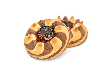 Two cookies with jam on white background.