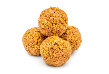 Heap of round cookies on white background.