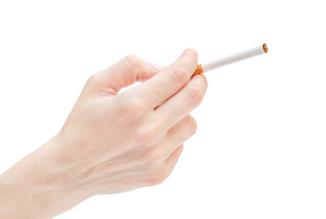 Woman's hand holding cigarette. Isolated on white.