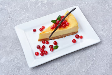 Close-up slice of delicious homemade cheesecake with fresh cranberries, caramel sauce and vanilla stick on gray concrete