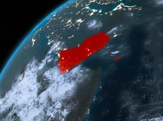 Yemen on planet Earth in space at night