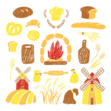 Illustration of bakery products, windmills.