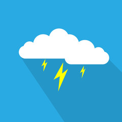 Cloud and lightnings flat design vector illustration on blue background.