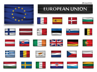Flags of European Union and members . Wavy design . Isolated background