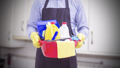 man with cleaning and disinfection products