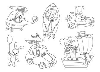 Set of cute animals and transport.