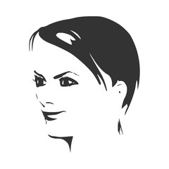 Face half turn view. Elegant silhouette of a female head. Portrait of a happy smiled woman