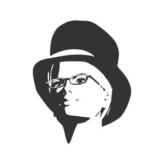 Face half turn view. Elegant silhouette of a woman wearing top hat and spectacles