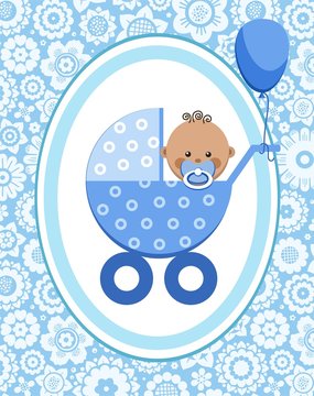 Little boy, African, postcard, floral background, vector. A little boy in a blue stroller. A blue ball is tied to the stroller. Color, flat card. Congratulation. Blue flowers on a blue field.  
