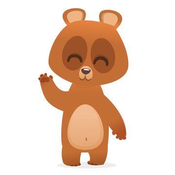 Cartoon baby bear smiling and waving hand. Vector illustration of a bear mascot character
