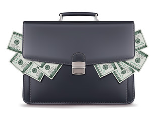 Dollar piles inside briefcase. Creative 3d illustration