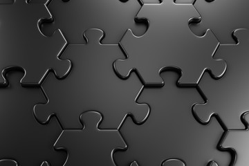 Geometric Pattern Of Jigsaw Puzzle. Close-up view of assembled hexagonal parts of black colored jigsaw puzzle. 3d rendering graphics.