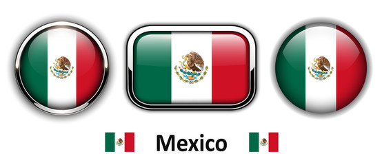 Mexico flag buttons, 3d shiny vector icons.