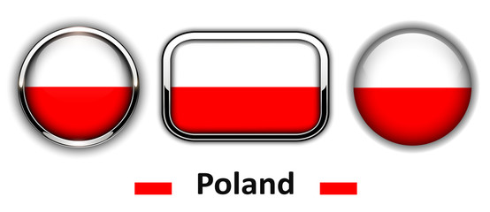 Poland flag buttons, 3d shiny vector icons.