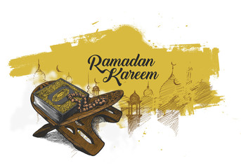 The holy book of the Koran on the stand with calligraphy stylish lettering Ramadan Kareem text, Hand Drawn Sketch Vector illustration.