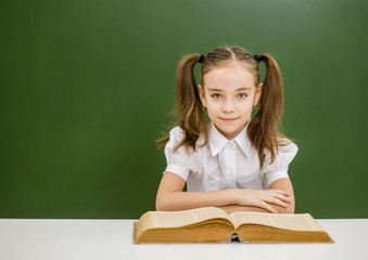 Girl with book on the background of a school board. Space for text