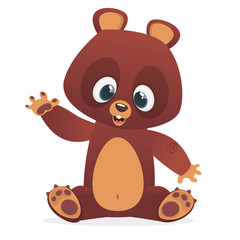 Fototapeta premium Cartoon funny bear character with big eyes sitting waving hand. Big collection of cartoon forest animals. Vector illustration
