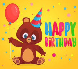 Cartoon bear holding a red balloon. Happy birthday greetings postcard. Vector illustration. Design for party decoration or print
