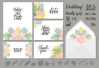 Fototapeta na wymiar wedding invitations templates with tropical leaves