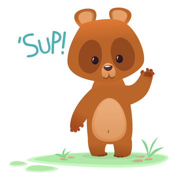 Cartoon funny bear character waving hand and saying 'Sup'. Vector illustration