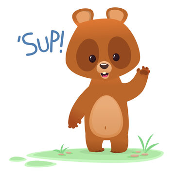 Cool cartoon vector illustration of a bear waving hand and saying 'Sup'