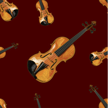 Seamless Pattern, VECTOR Ilustration, Violin on Dark Red Background.