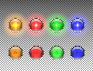 Round car headlights with light effect. Glowing lamps on transparent background.