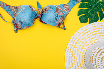 Top view of essential modern young lady or girl on vacations.Woman's summer holidays accessories. Beach fashion , summer concept. Trendy colors. Traveler accessories.