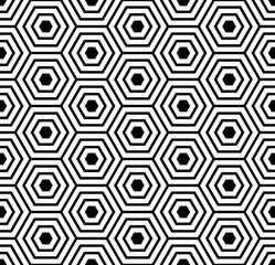 Seamless pattern with black white hexagons and striped lines. Optical illusion effect. Geometric tile in op art style. Vector illusive background, texture. Futuristic element, technologic design.