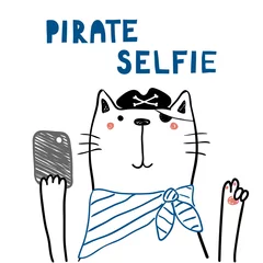 Crédence de cuisine en verre imprimé Illustration Hand drawn portrait of a cute funny pirate cat with a smart phone, taking selfie. Isolated objects on white background. Line drawing. Vector illustration. Design concept for children print.